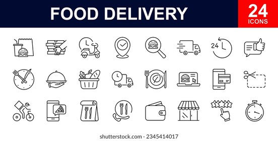 Food delivery web icons set. Restaurant food delivery - simple thin line icons collection. Containing is food box, courier on bike, door contactless delivery, fast food, dinner. Simple web icons set