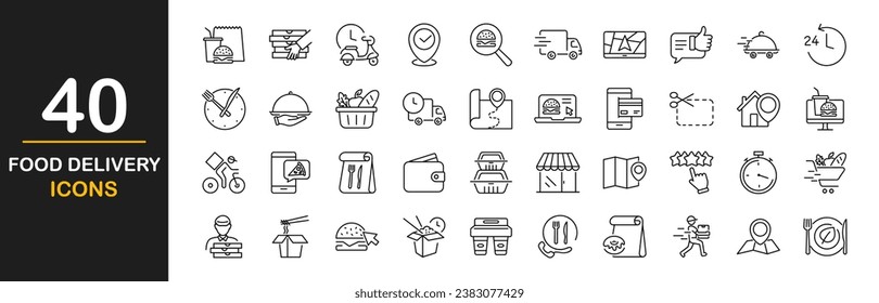 Food delivery web icons set. Restaurant food delivery - simple thin line icons collection. Containing is food box, courier on bike, door contactless delivery, fast food, dinner. Simple web icons set