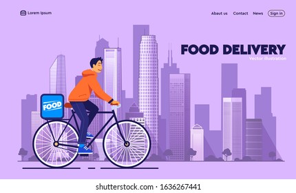 Food delivery web page. Сharacter on bike delivers food and cityscape on background