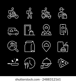 Food delivery, white line icons. Door-to-door delivery, location tracking, and packaging. Essential for restaurant and delivery service visuals. Symbols on black background. Editable stroke.