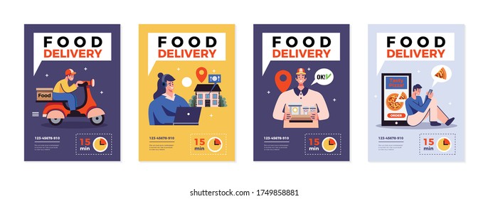 Food  delivery within 15 minutes advertising posters set with phone number for call isolated vector illustration