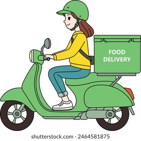 Food delivery woman riding green motorcycle line art. Shipping fast delivery man riding motorcycle icon symbol, Vector illustration