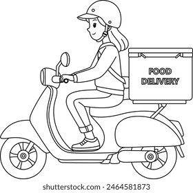 Food delivery woman riding motorcycle coloring page. Shipping fast delivery man riding motorcycle icon symbol, Vector illustration