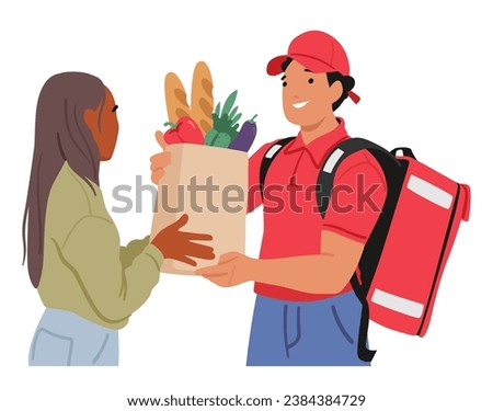 Food Delivery Worker Hands Over A Bag Filled With Groceries To A Client, Ensuring Convenient Experience, Ensures That Customers Receive Desired Items With Friendly Service. Cartoon Vector Illustration