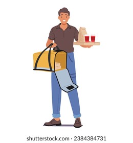 Food Delivery Worker Transports Meals From Restaurants To Customers, Ensuring Prompt And Efficient Delivery, Bringing Convenience and Satisfaction To Hungry Customers. Cartoon Vector Illustration