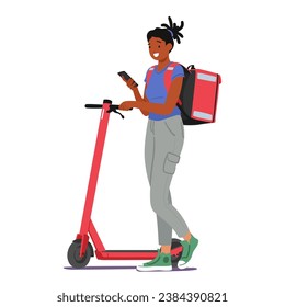 Food Delivery Worker Zips Through The Streets On An Electric Scooter, Swiftly Navigating Traffic While Carrying Delicious Meals, Ensures Efficient And Timely Deliveries. Cartoon Vector Illustration