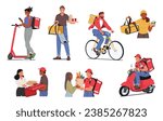 Food Delivery Workers Transport Meals From Restaurants To Customers Doorsteps, Navigate Through Traffic, Ensuring Prompt Efficient Deliveries, Providing Valuable Service. Cartoon Vector Illustration