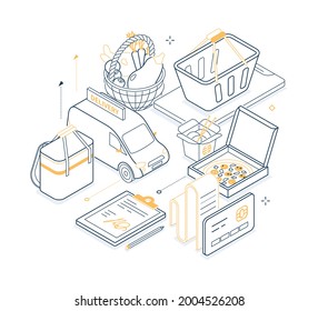 Food delivery - yellow and black isometric line illustration. Shopping, online ordering, contactless payment idea. Vegetables, fruit basket, pizza, wok, van, thermobag. Restaurant, cafe services