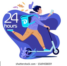 Food delivery. Young man on a kick scooter delivers to order 24 hours at night. Fast food delivery service. Flat vector illustration