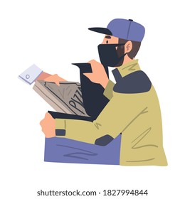 Food Deliveryman in Protective Mask Packing Pizza in Backpack Box, Food Express Delivery Service Cartoon Style Vector Illustration