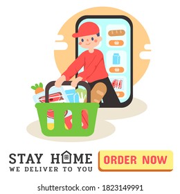 quédate en casa, te lo entregamos.Pide comida, comestibles en línea desde la aplicación por smartphone. Entrega rápida.  vector de comestibles, cubo, teléfono inteligente. Se puede usar para publicidad, banner, web.