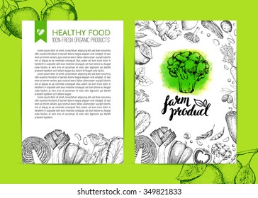 Food design template card. Vintage farm logo and vegetables. Black and white. Hand drawn vector illustration. Watercolor green stain.  Ink brush lettering. Modern calligraphy.