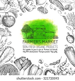 Food design template. Frame for menu. Vintage logo, vegetables.Tree and house.  Black and white. Hand drawn illustration in the style of engravings. Farmers market. Watercolor stain.