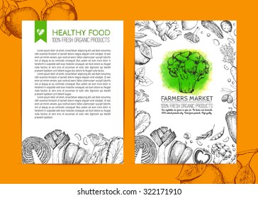Food design template. Vintage logo and vegetables. Apple tree, veggies. Black and white. Hand drawn vector illustration. Farmers market. Watercolor stain.