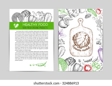 Food Design Template. Vintage Logo And Vegetables. Black And White. Hand Drawn Vector Illustration. Farmers Market. Isolated Elements For Easy Use - Hidden In Mask.