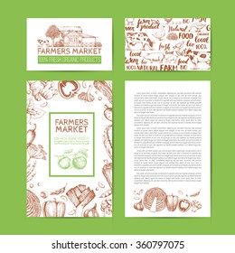 Food design template. Vintage logo and vegetables. Tree, house, livestock.  Hand drawn vector illustration. Farmers market. Style of etching. Lettering. Handwritten inscription.