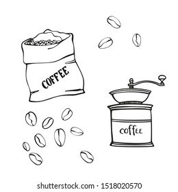 Food design vector illustration. Coffee sacks, mills and beans. Canvas bags with coffee beans. Isolated on yellow. Traditional coffe package. Hand drawn style. Line art sketh. 