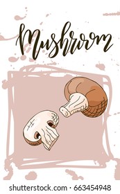 Food design with vegetable. Hand drawn sketch of mushroom. Organic fresh product for card or poster design. Colorful vector illustration