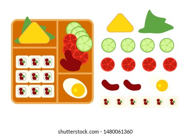 Food designer for a set of dishes. Vector insulated elements. The set includes sushi, rolls, sandwich, cucumber, tomato, sausages, egg. A food construction kit for menu.