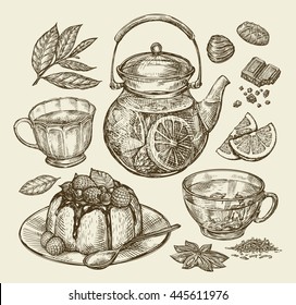 Food, dessert, drinks. Hand drawn teapot, tea, coffee, cup, pie, pasty, cake. Sketch vector illustration