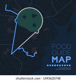Food and dessert guide direction map travel with icon concept, Ice cream scoop cone shape poster and social banner post design in nighttime mode illustration isolated on grey background, vector eps 10