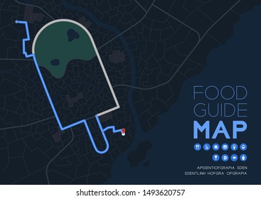 Food and dessert guide direction map travel with icon concept, Ice cream popsicle stick shape poster and social banner post design in nighttime mode illustration isolated on grey background, vector