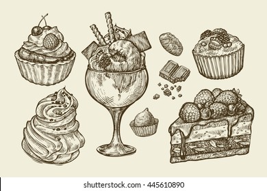 Food, Dessert. Hand Drawn Ice Cream, Meringue, Cupcake, Chocolate, Piece Of Cake, Pastry, Candy, Muffin. Sketch Vector Illustration