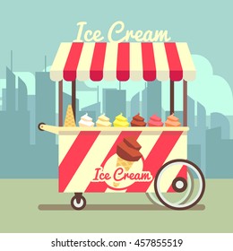 Food dessert ice cream and summer cart with ice cream in waffle cone illustration