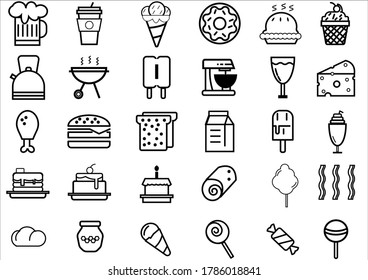 Food and dessert icons collection set.Included icons such as meat,desserts,fruits and breakfast
burger with sausage,ice cream on stick.Vector meal and food concept.