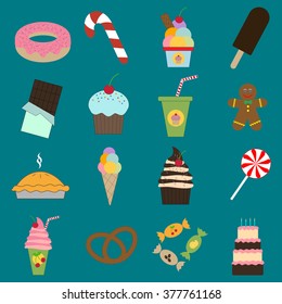 Food dessert icons set. Cupcake. Cake. Drink. Vector illustration