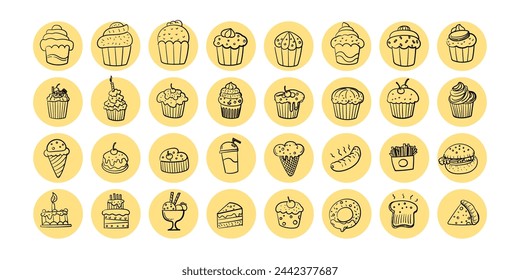 Food dessert snack menu icon set vector hand drawn doodle. sweet drink, meal, donut cream, cake, restaurant food.