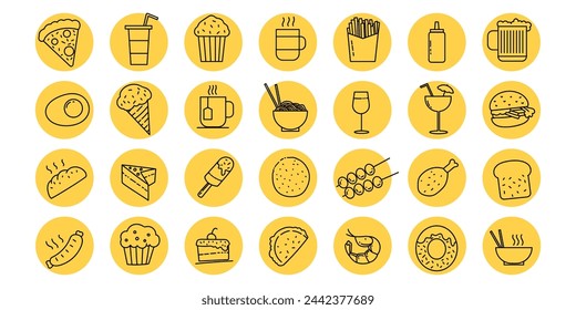 Food dessert snack menu icon set vector hand drawn doodle. sweet drink, meal, donut cream, cake, restaurant food.