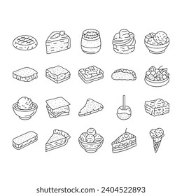 food dessert snack menu icons set vector. sweet drink, meal eat, donut cream, cupcake tasty, cake cafe, restaurant delicious food dessert snack menu black contour illustrations