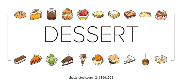 food dessert snack menu icons set vector. sweet drink, meal eat, donut cream, cupcake tasty, cake cafe, restaurant delicious food dessert snack menu color line illustrations