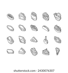 food dessert snack menu isometric icons set. sweet drink, meal eat, donut cream, cupcake tasty, cake cafe, restaurant delicious food dessert snack menu color line