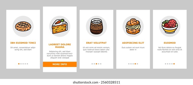 food dessert snack menu onboarding mobile vector. sweet drink, meal eat, donut cream, cupcake tasty, cake cafe, restaurant delicious food dessert snack menu Illustrations