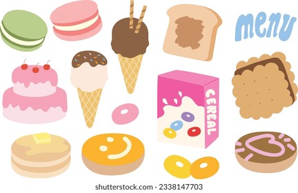 Food and desserts such as peanut butter bread, cake, ice cream, chocolate biscuit, pancake, cereal, macaron and donut. For cafe and restaurant decoration, menu icon, brand logo, sweet stuff sticker...