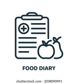 Food Diary Line Icon. Diet Plan on Clipboard with Fruits Linear Pictogram. Planner for Healthy Nutrition Outline Icon. Meal Notes Concept Editable Stroke. Isolated Vector Illustration.