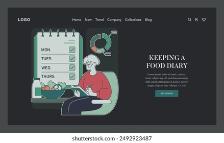 In: Food Diary Management Concept. Eine Person notiert die tägliche Nahrungsaufnahme und überwacht gesunde Essgewohnheiten. In: Meal Planning and Nutrition Tracking. Vektorillustration.