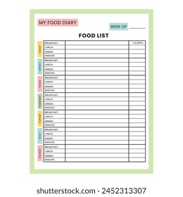 Food diary planner page template. Weekly meals for breakfast, lunch, dinner, and snacks. Controlling your calorie intake. Vector illustration.