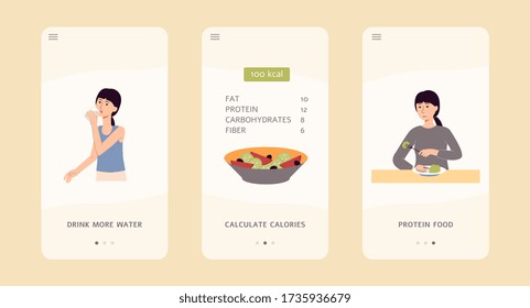Interfaz de aplicación de alimentación y dieta para hidratación, recuento de calorías y control de la ingesta de proteínas. Caricatura de mujeres comiendo, bebiendo y contando calorías - ilustración vectorial aislada plana.