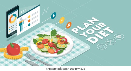 Food and diet app showing nutrition facts and calories of a meal, healthy eating and technology concept