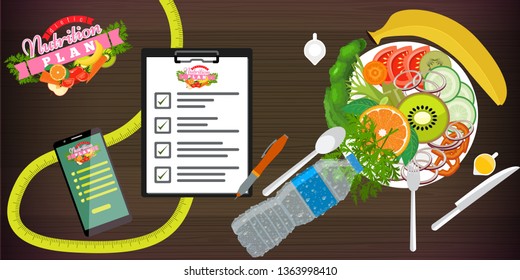 Food, diet, healthy lifestyle and weight loss concept banner template. A dish of salad, smartphone and diet plan. Vector illustration.