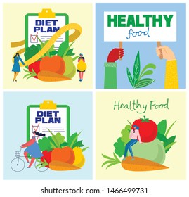 Food, diet, healthy lifestyle and weight loss banner with a dish of salad, table set and diet plan on a notebook