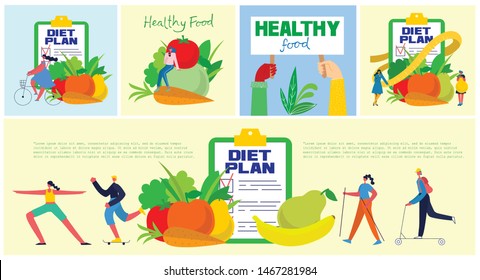 Food, diet, healthy lifestyle and weight loss banner with a dish of salad, table set and diet plan on a notebook