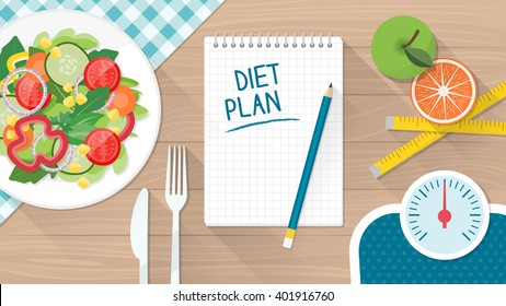 Food, Diet, Healthy Lifestyle And Weight Loss Banner With A Dish Of Salad, Table Set And Scale