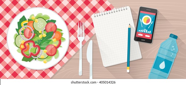 Pancarta de comida, dieta, estilo de vida saludable y pérdida de peso con un plato de ensalada, mesa, smartphone y plan de dieta en un portátil