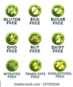 Food Diet Icon Collection Set, Human Health Care Diets Such As Gluten Free, Sugar Free, Nut Free, GMO Free, Egg Free, Dairy Free, Nitrates Free, Trans Fats Free, Cholesterol Free. 