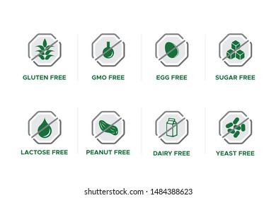 Food dietary icon set for Yeast, Gluten, GMO, Egg, Sugar, Lactose, Peanut Free, and Dairy Free