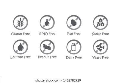 Food dietary labels set for Yeast, Gluten, GMO, Egg, Sugar, Lactose, Peanut Free, and Dairy Free